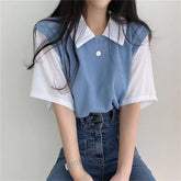 Women's Summer Korean Style Polo Collar Blouse - Y2K Two-Piece Streetwear Top - Himpall